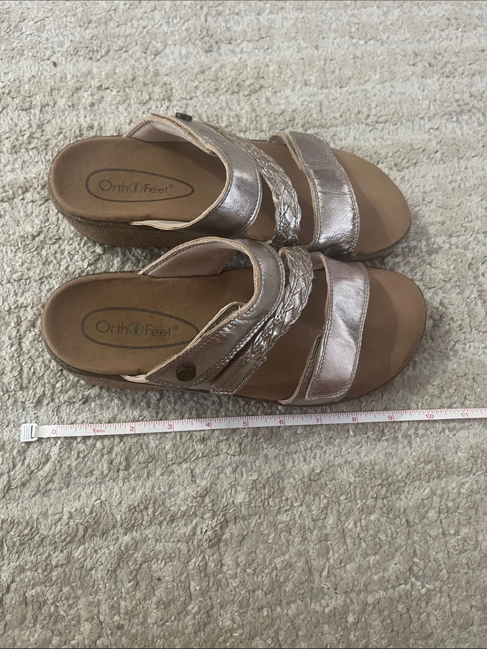 Ortho Feet Metallic Silver Slide Sandals 1.5” Heel Leather Braided Strap 7 Wide - Picture 12 of 15